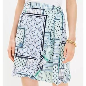 NWT Loft Deep Space Blue Green Patchwork Ruffle Wrap Mini Skirt Womens Petite 6